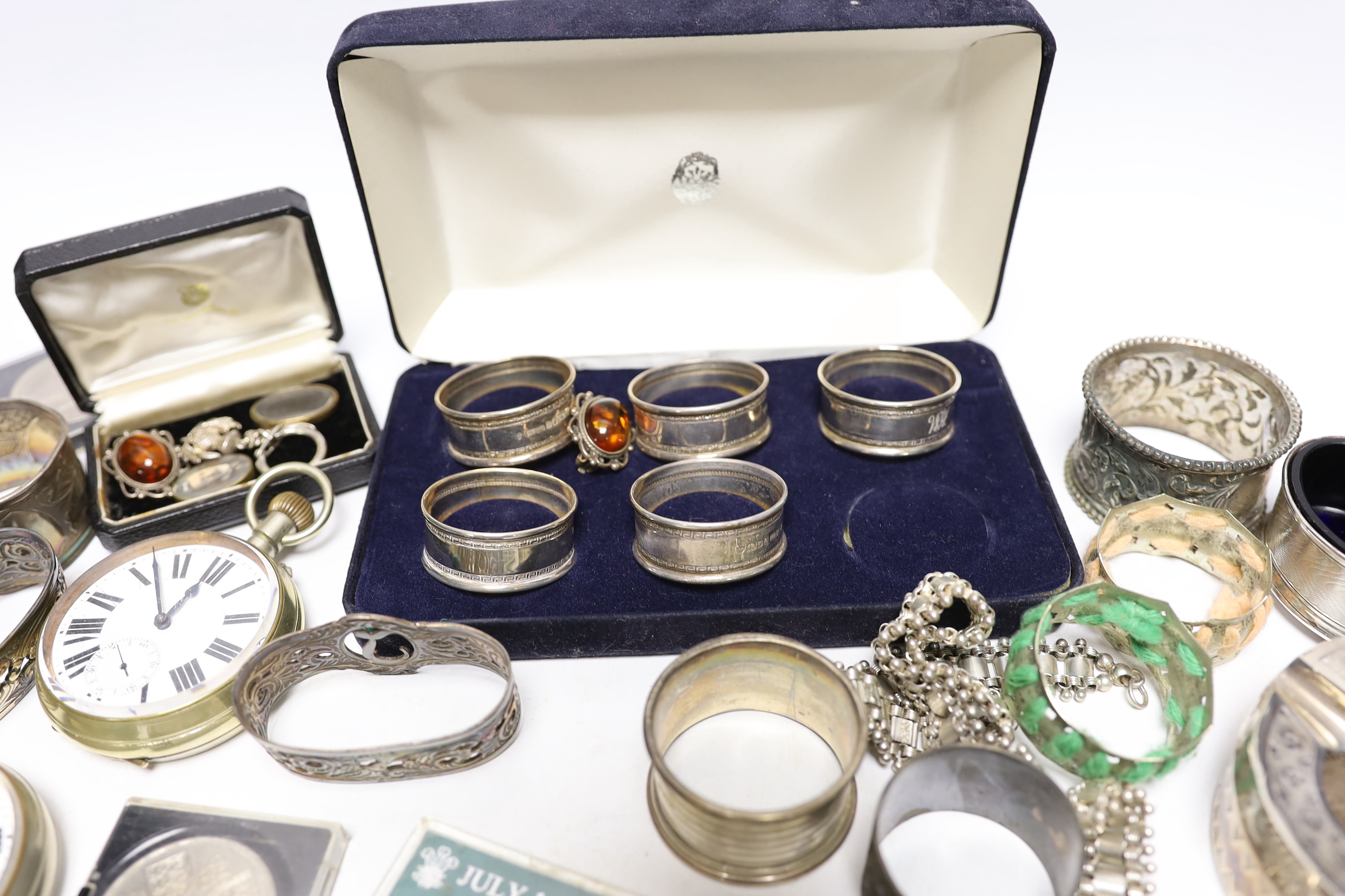 Sundry, silver, plated items, jewellery, commemorative coins and pocket watches including napkin rings, ashtray, necklace etc.